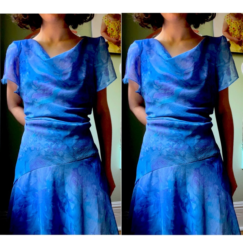 Vintage asymmetrical cowl neck crêpe material water colour dress